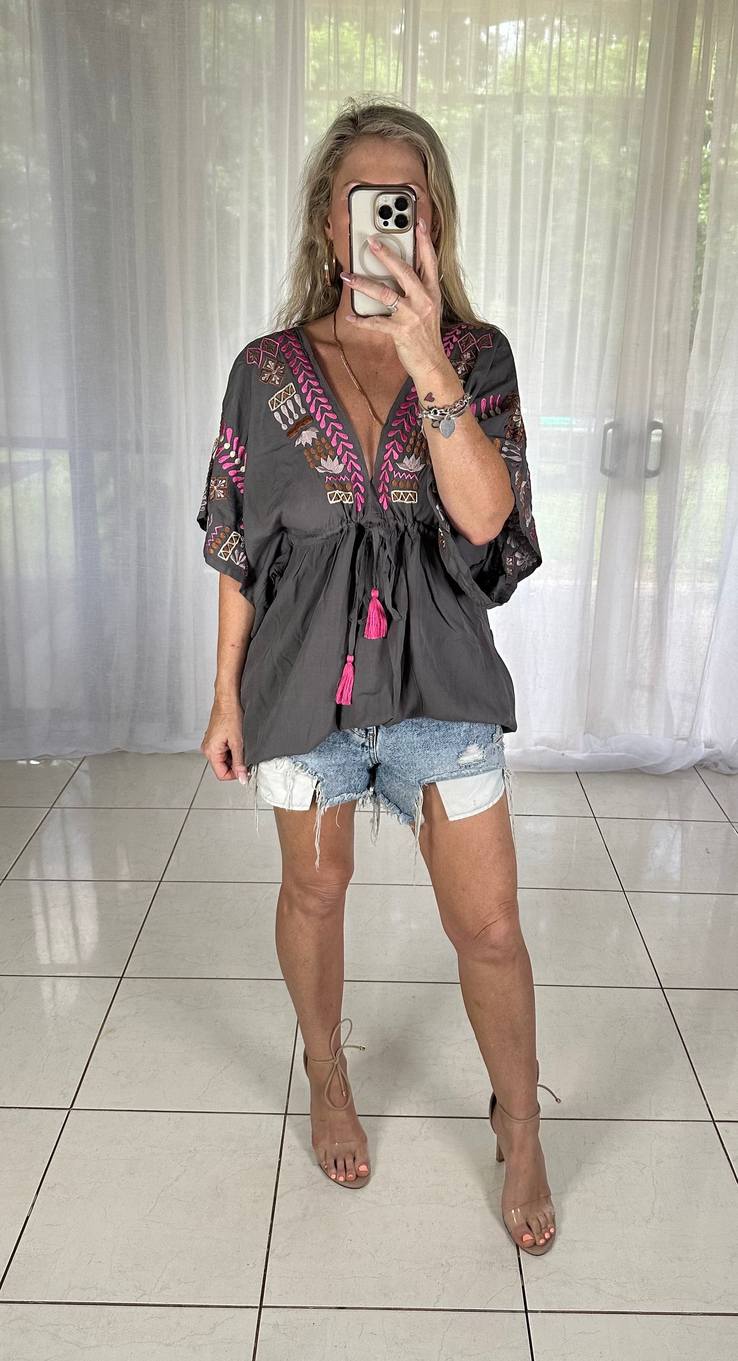 Short Embroidered Kaftan Tassels - Brown