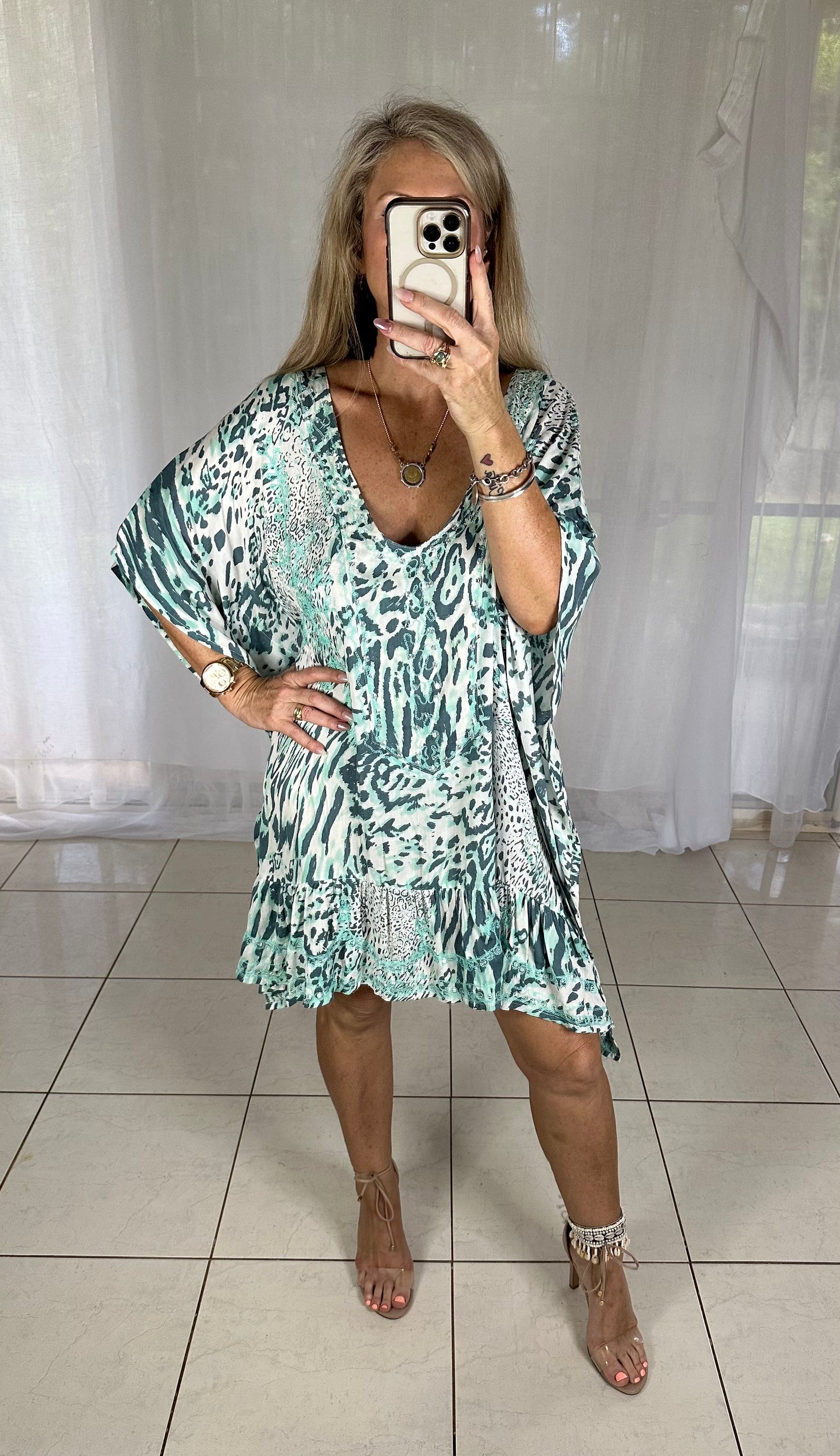 Kaftan Short Sequins - Mint Leopard with beige embroidery Fits 10-16