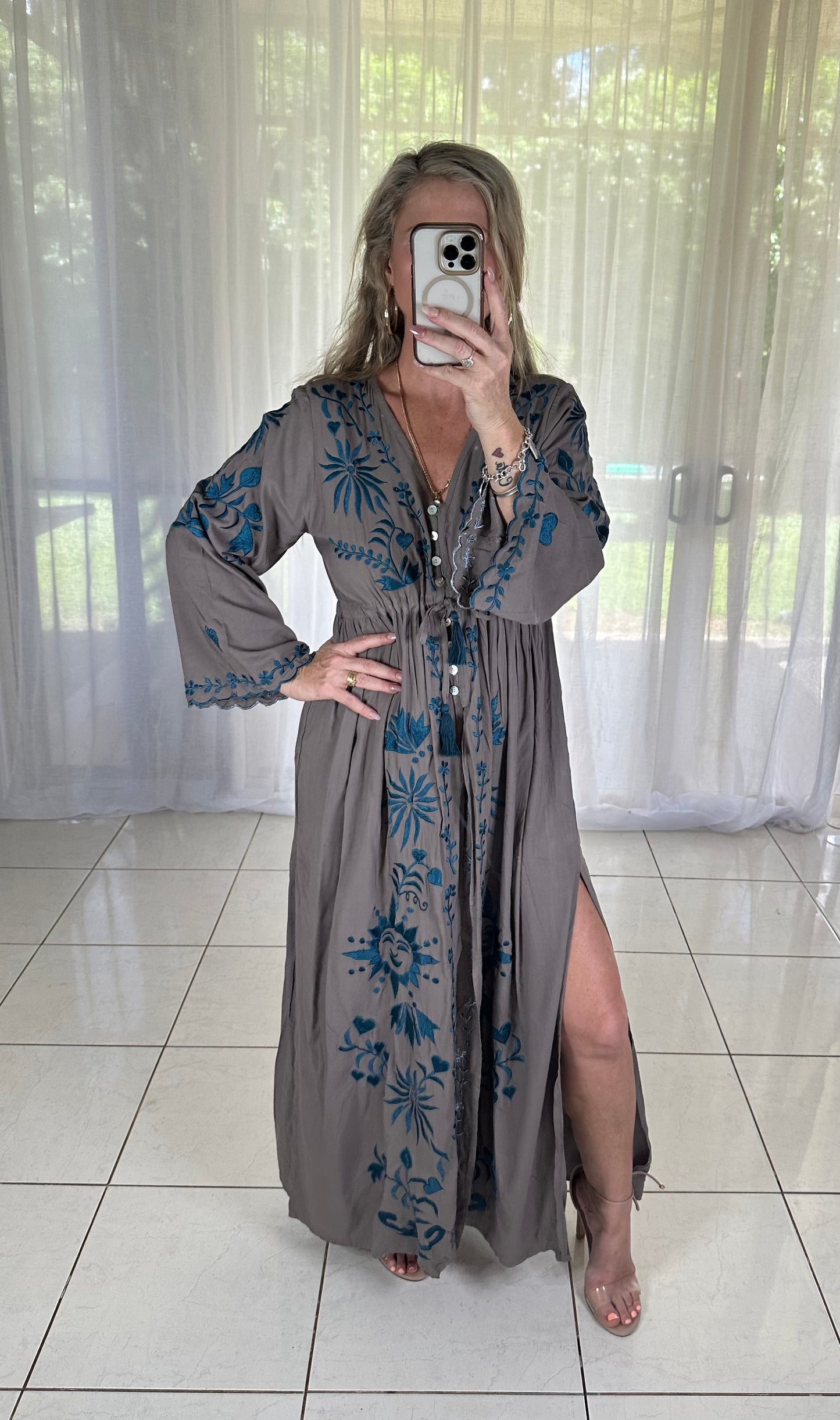Embroidered Maxi Dress - Front split Brown + Blue