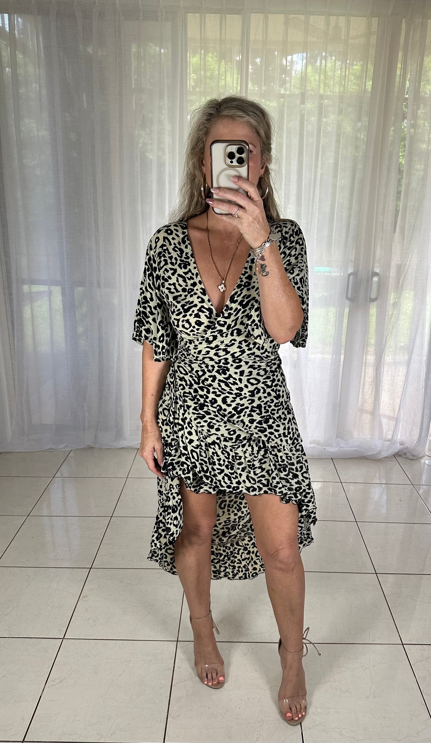 Ella Wrap Dress Flutter Sleeve - Leopard Size 10-12