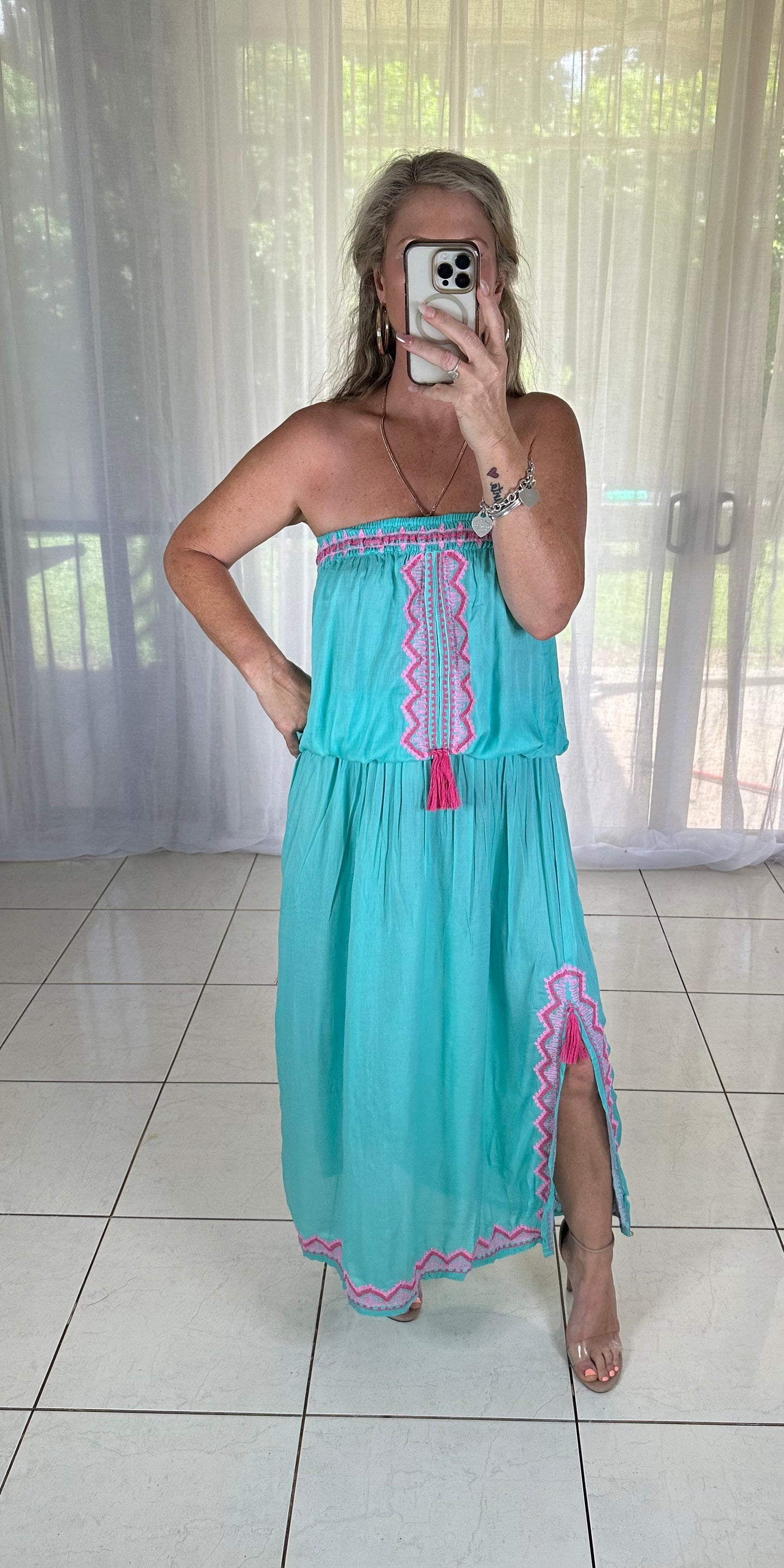 Strapless Embroidered maxi Dress - Aqua