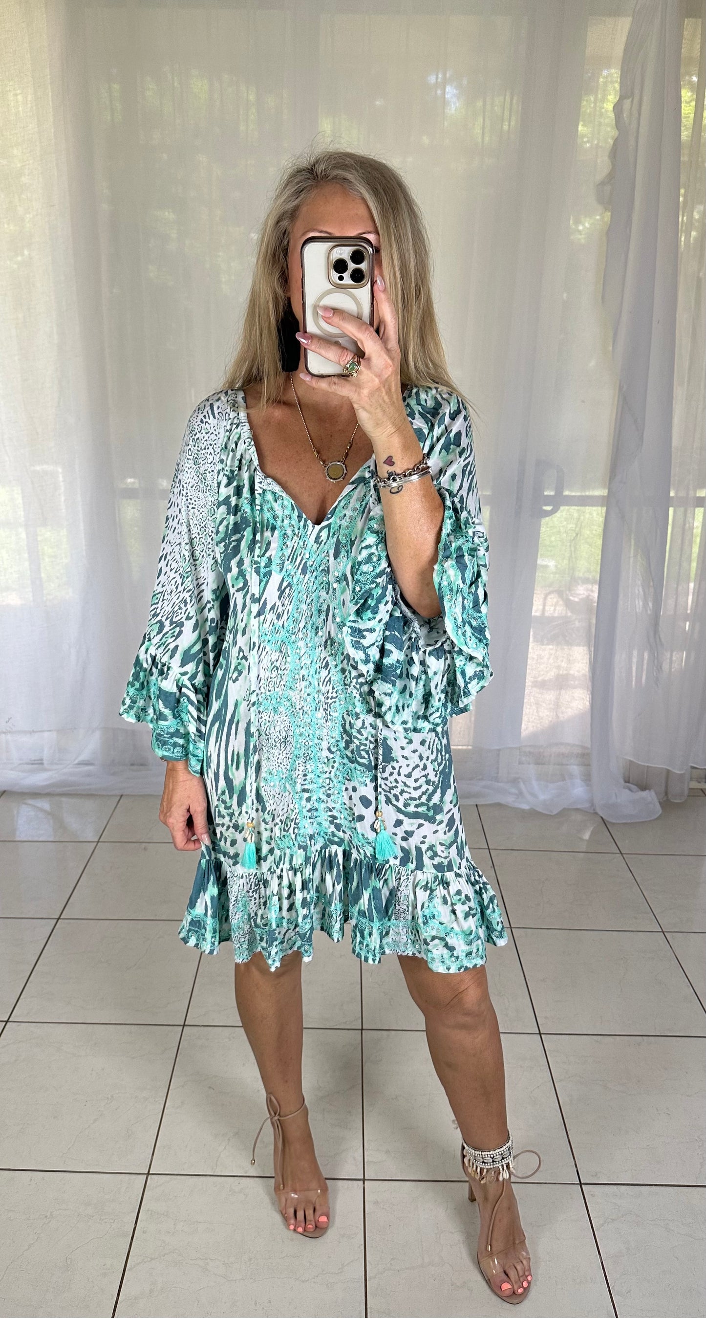 Sequin Tassel Dress - Mint Leopard