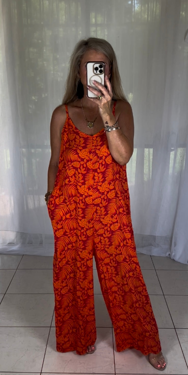 Flare leg Jumpsuit - Red + Coral