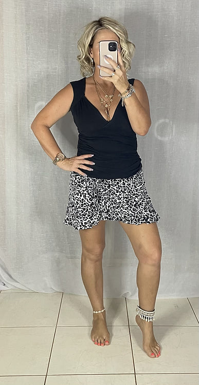 Aggie Short Wrap Skirt - Black + White Leopard