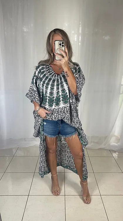 Kaftan hi lo Sequins - Black + White + Green