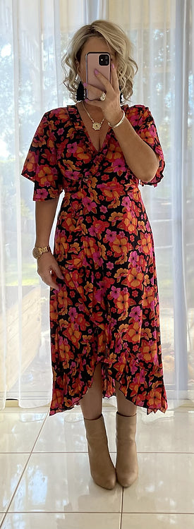 Ella Flutter Wrap Dress - Firestone floral **disc
