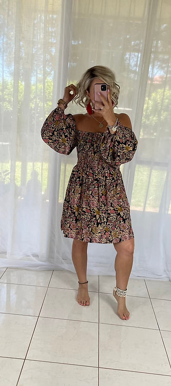 Tellulah Off Shoulder Shirred bust Dress - Chocolate