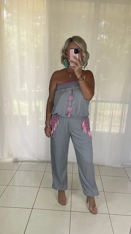 Embroidered jumpsuit - grey + pink