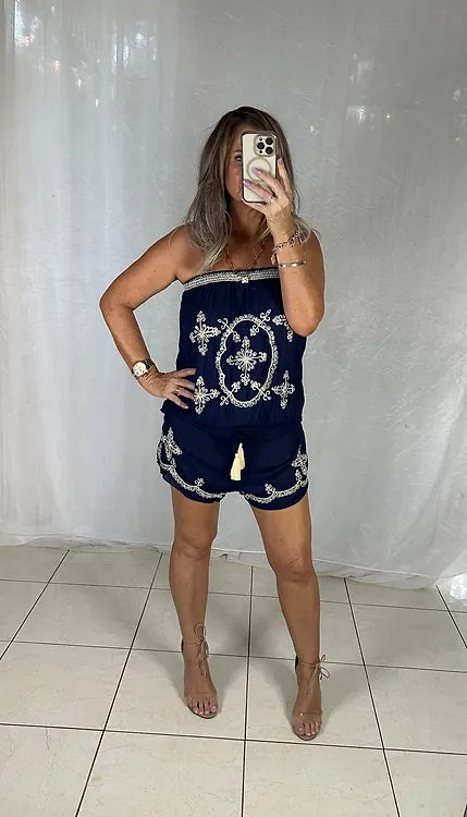 Sequin Playsuit - Navy + Beige