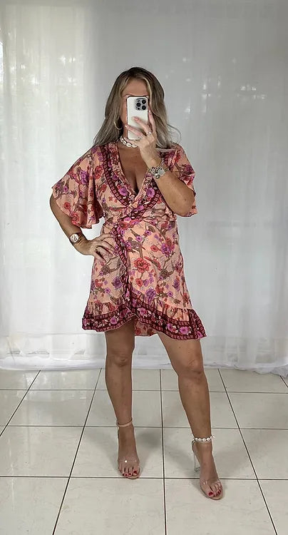 Juno Short Wrap Flutter Sleeve - coral