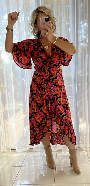 Ella Flutter Wrap Dress - Firestone floral **disc