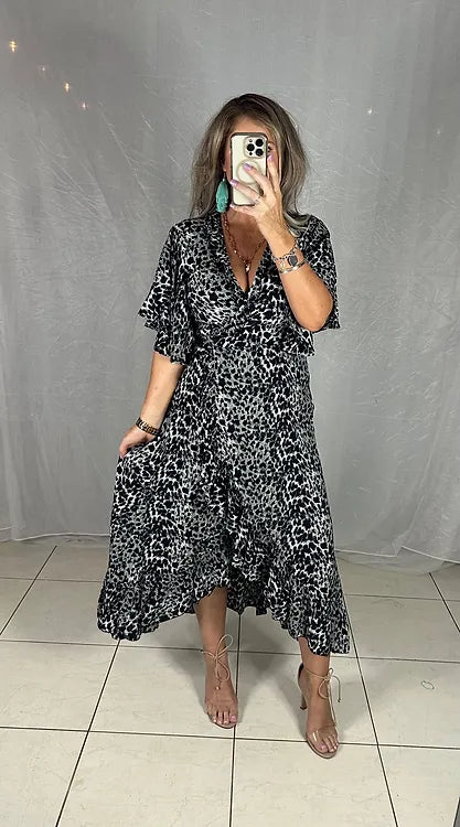 Ella Flutter Wrap Dress - Black Leopard