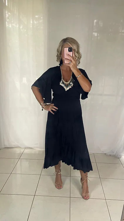 Ella Flutter Wrap Dress - Black