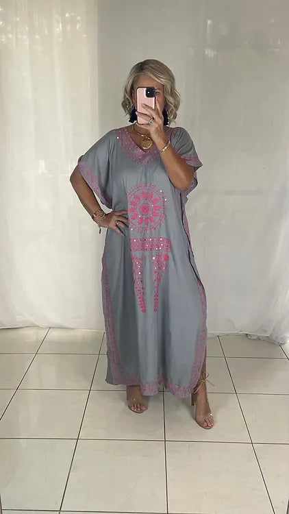 Kaftan - Grey with pink Sequins