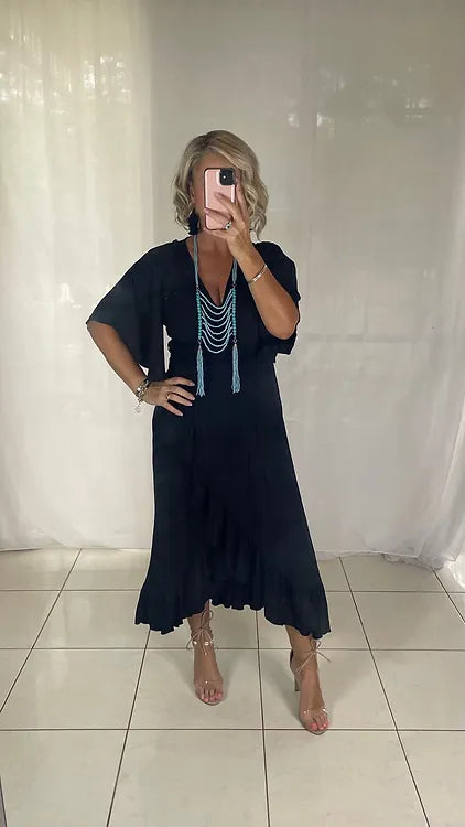 Ella Flutter Wrap Dress - Black