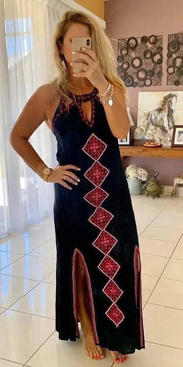 Embroidered Maxi Dress - Black + Pink