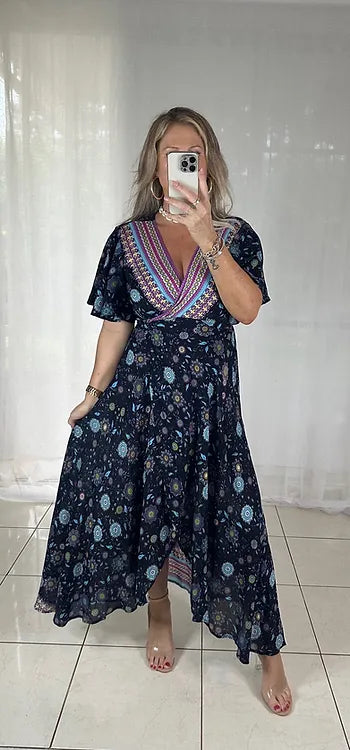 Ella Flutter Wrap - Navy + Pink **disc