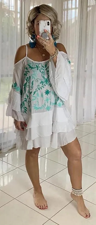 Embroidered Cold Shoulder Dress - White + Green