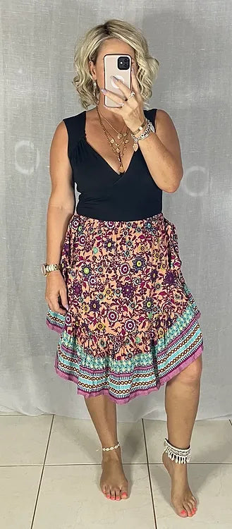 Dottie scooped hem Skirt - Aqua + Pink