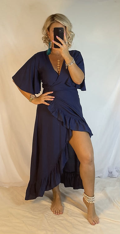 Ella Flutter Wrap Dress - Navy