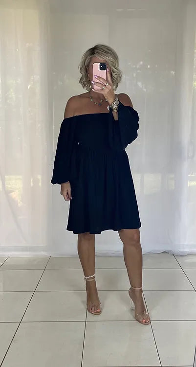 Tellulah Off Shoulder Shirred bust Dress - Black