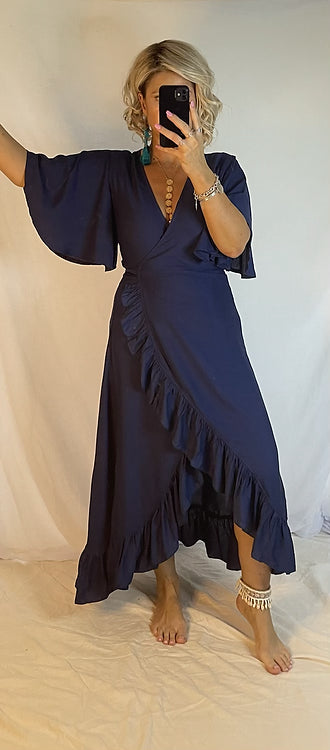 Ella Flutter Wrap Dress - Navy