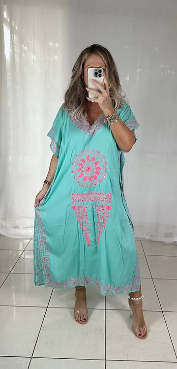 Kaftan - Aqua with Dark Pink Embroidery Sequins