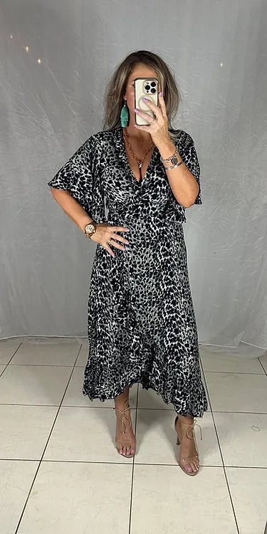 Ella Flutter Wrap Dress - Black Leopard