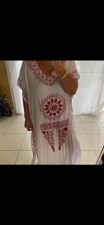 Kaftan - White + Red embroidery sequins