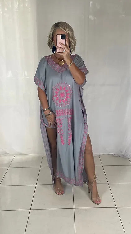 Kaftan - Grey with pink Sequins