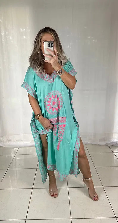 Kaftan - Aqua with Dark Pink Embroidery Sequins