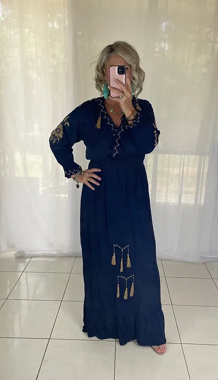 Embroidered Maxi Dress - navy