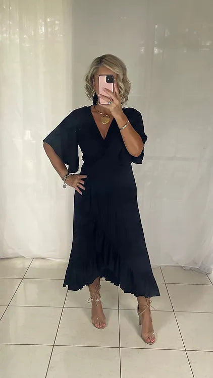 Ella Flutter Wrap Dress - Black