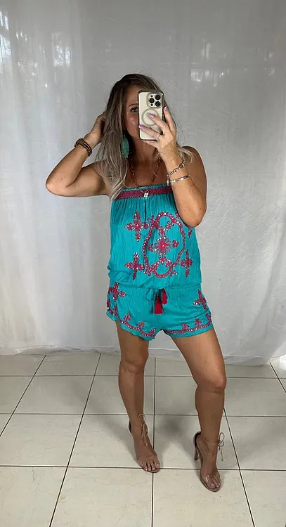 Sequin Playsuit - Aqua + Pink