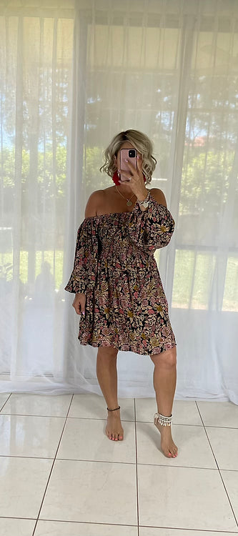 Tellulah Off Shoulder Shirred bust Dress - Chocolate