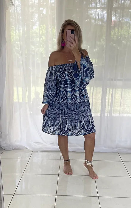 Tellulah Off Shoulder Shirred bust Dress - Zebra