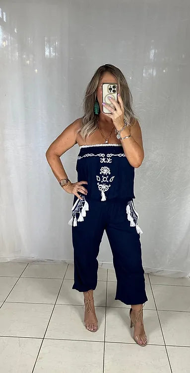 Embroidered jumpsuit - Navy + white tassels