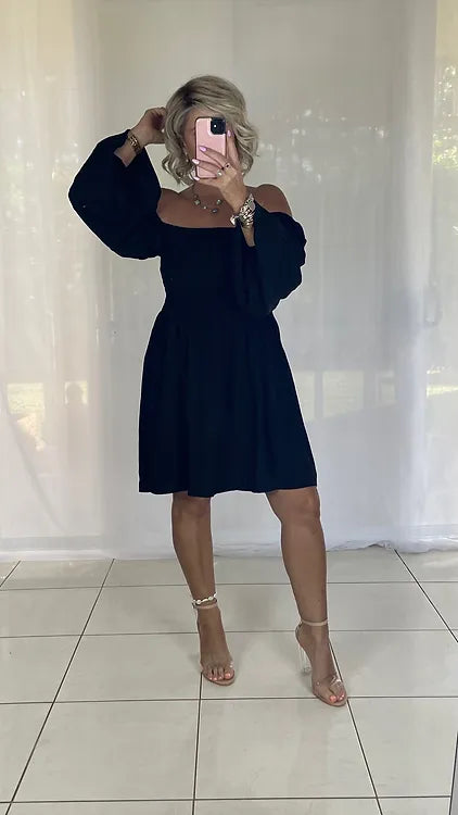 Tellulah Off Shoulder Shirred bust Dress - Black
