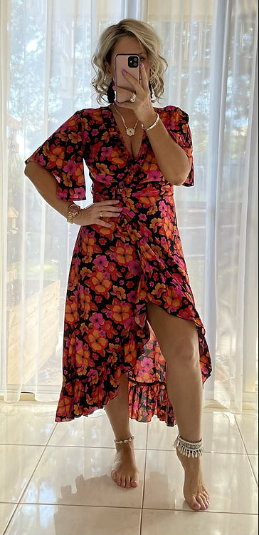 Ella Flutter Wrap Dress - Firestone floral **disc