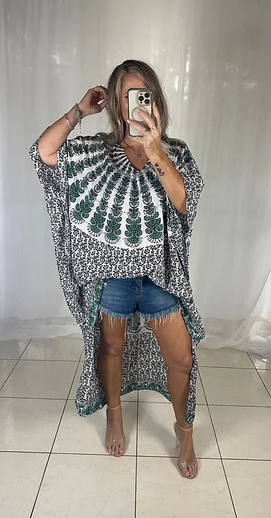 Kaftan hi lo Sequins - Black + White + Green