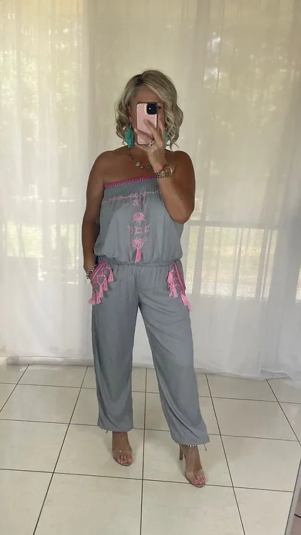 Embroidered jumpsuit - grey + pink