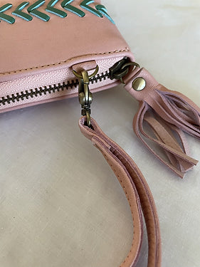 Handmade Leather Purse - Pink + Green woven
