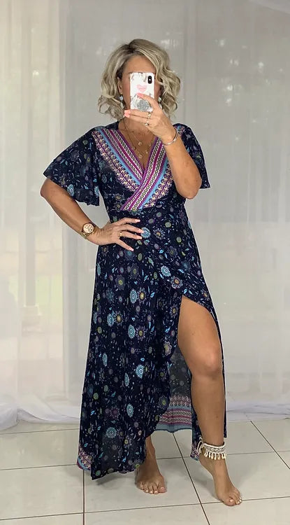 Ella Flutter Wrap - Navy + Pink **disc
