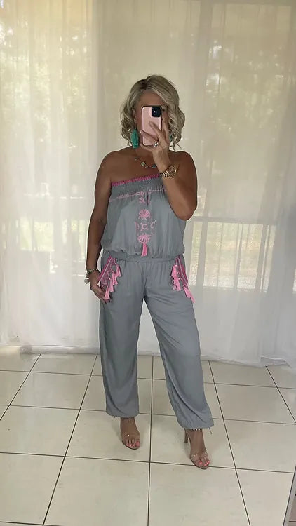 Embroidered jumpsuit - grey + pink