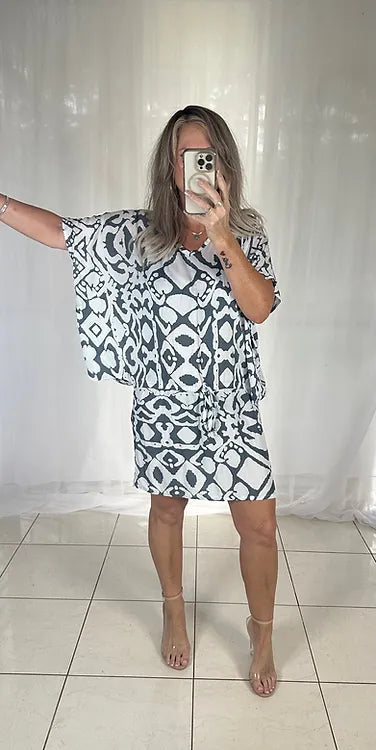 Peppa Batwing Dress - Grey + White