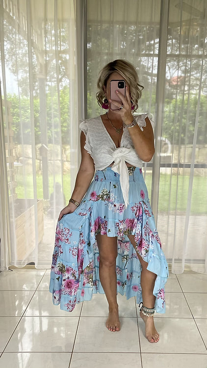 Daphne Skirt - Denise Floral Aqua