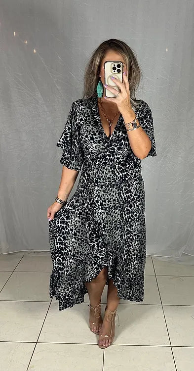 Ella Flutter Wrap Dress - Black Leopard