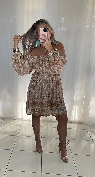 Tellulah Off Shoulder Shirred bust Dress -Blush