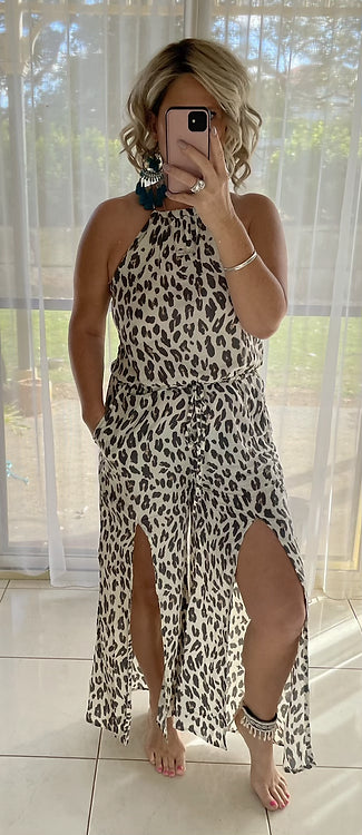 Mabel Halter Jumpsuit - Cream Leopard (small sizing)