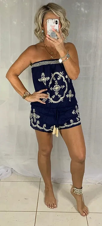 Sequin Playsuit - Navy + Beige